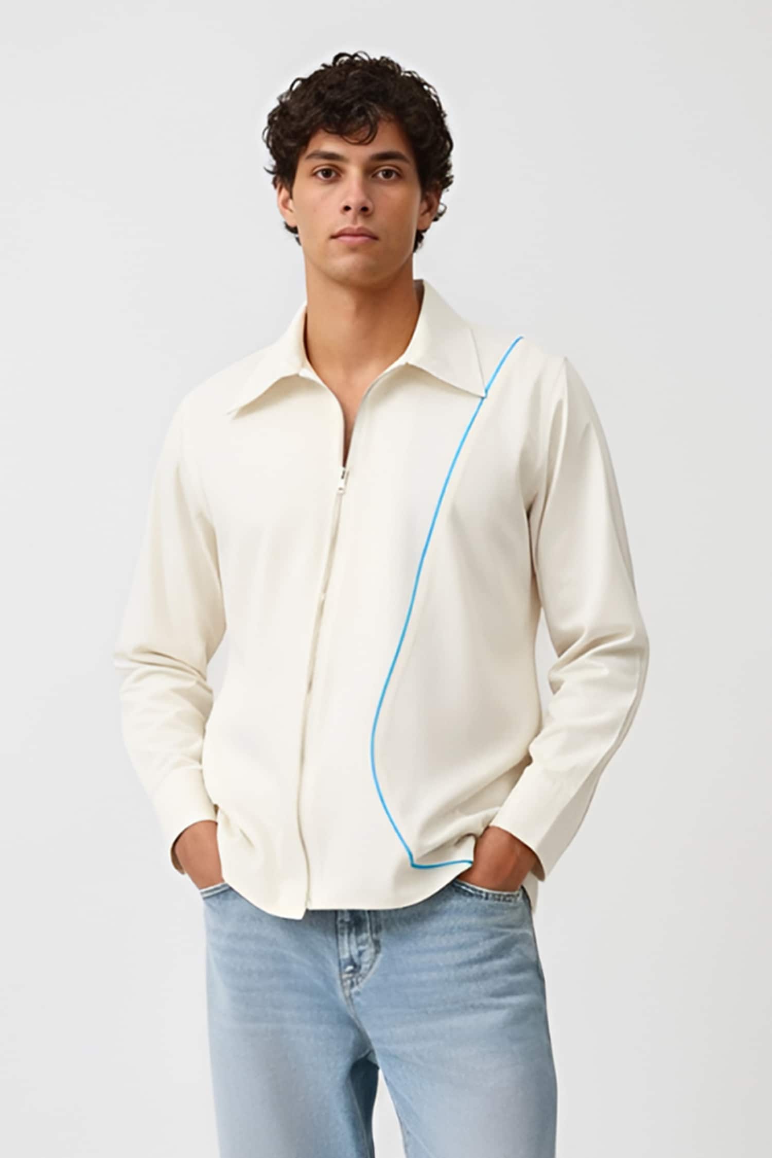 Buy Ivory Twill Stripe Pattern Zip Shirt For Men by Neora By Nehal