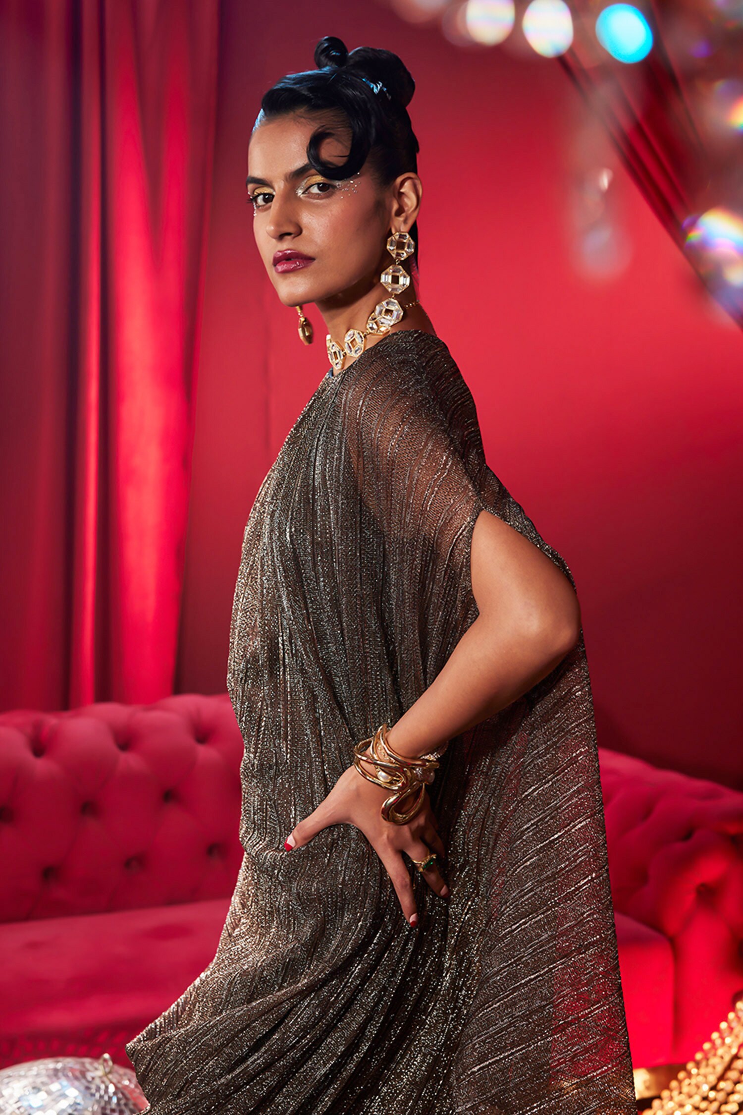 Buy Grey Knit Sequins, Metallic Thread High Neck Empress