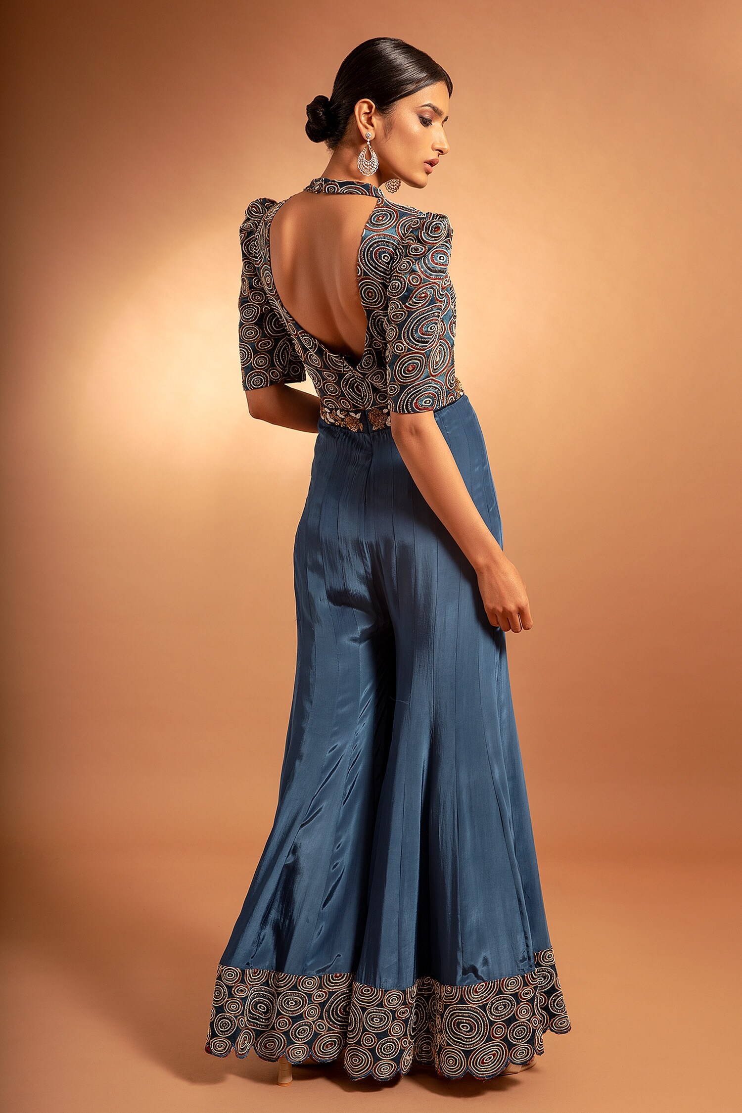 Buy Blue Pure Satin Crepe Printed Bodice And Hemline Ajrak Square