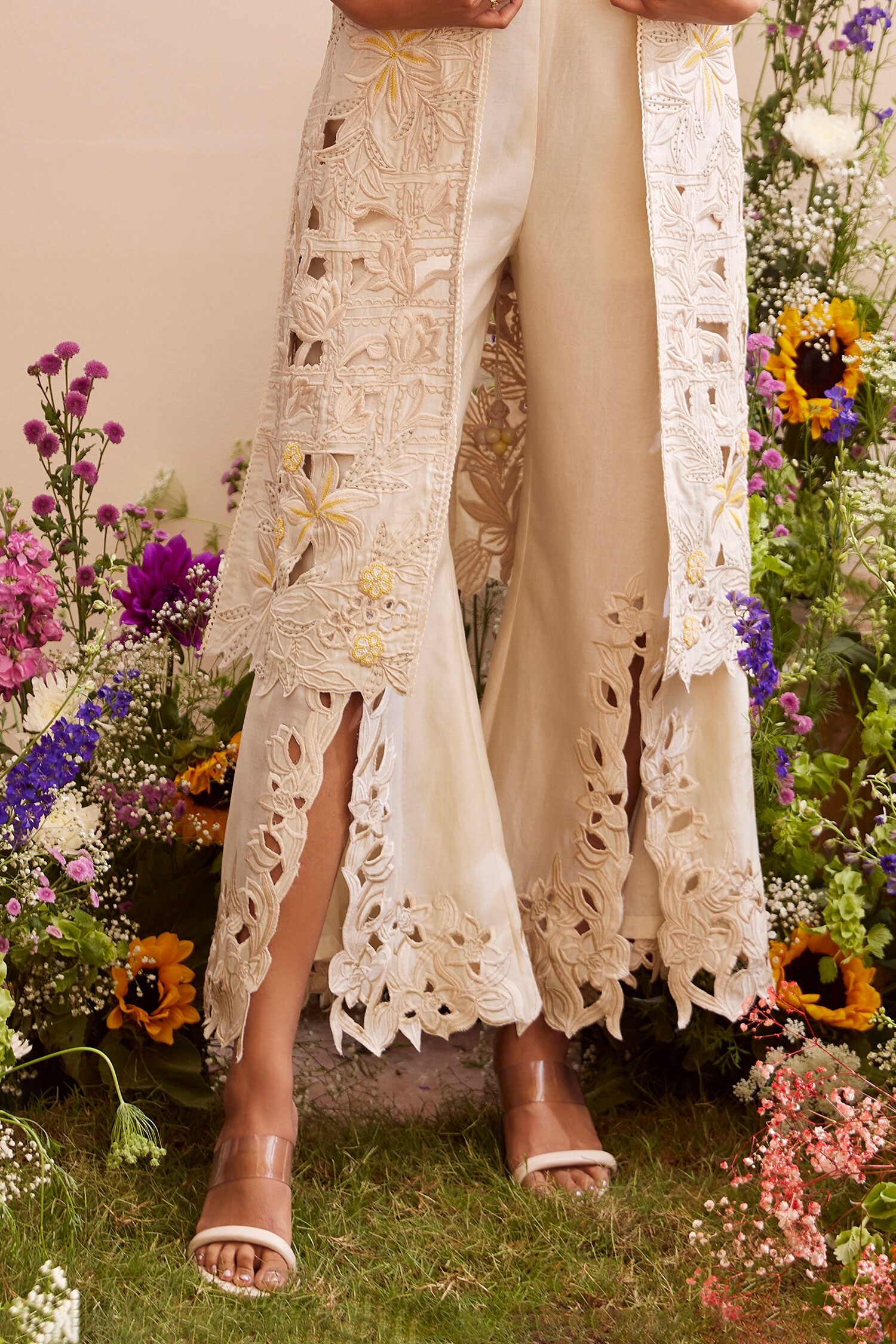 Buy Ivory Chanderi Embroidery, Cut Work Floral Bell Bottom Pant