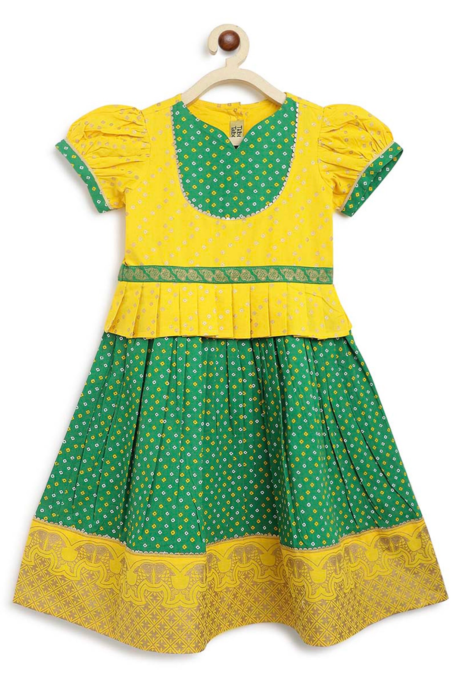 Buy Yellow Cotton Pleated Pattu Pavdai Dress For Girls by Tiber