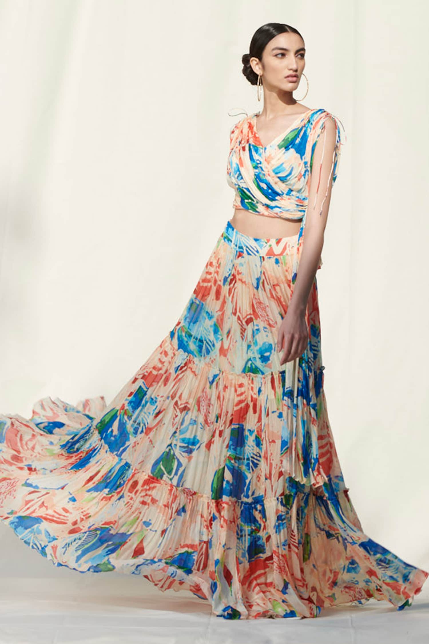 Buy Multi Color Crinkled Chiffon Draped Printed Crop Top And Skirt