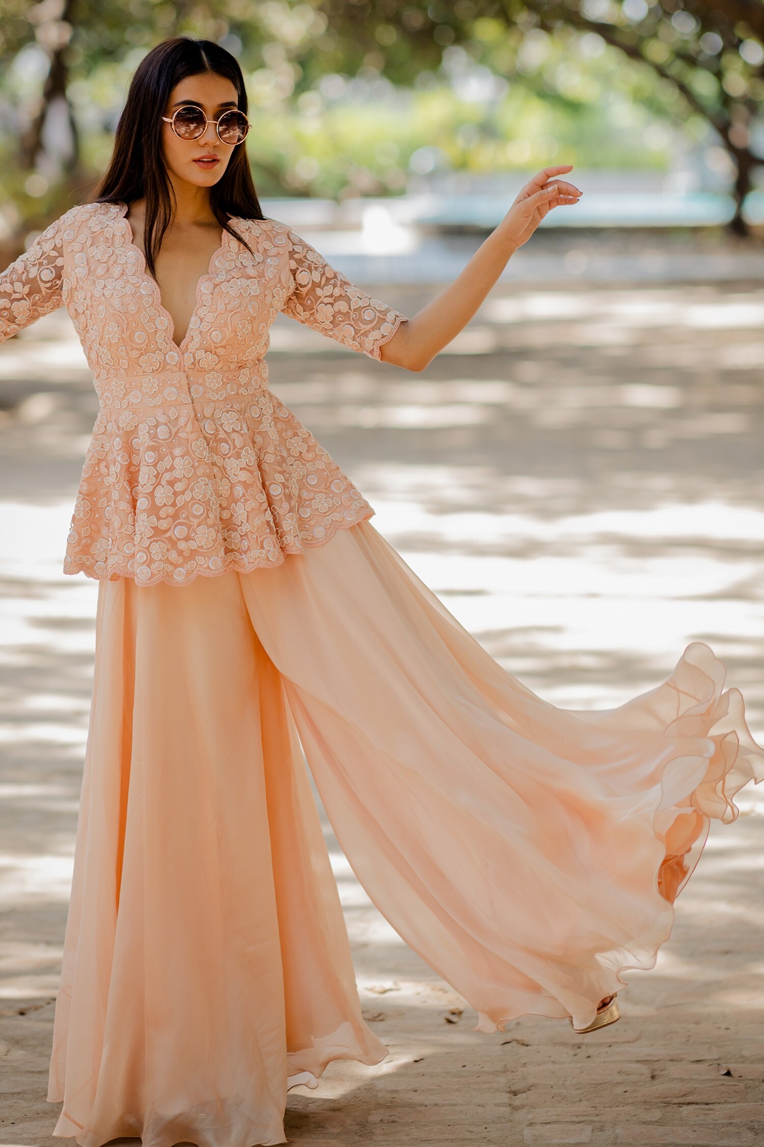 Buy Peach Gharara Organza Peplum Tulle Dori, Moti Plunge V Neck