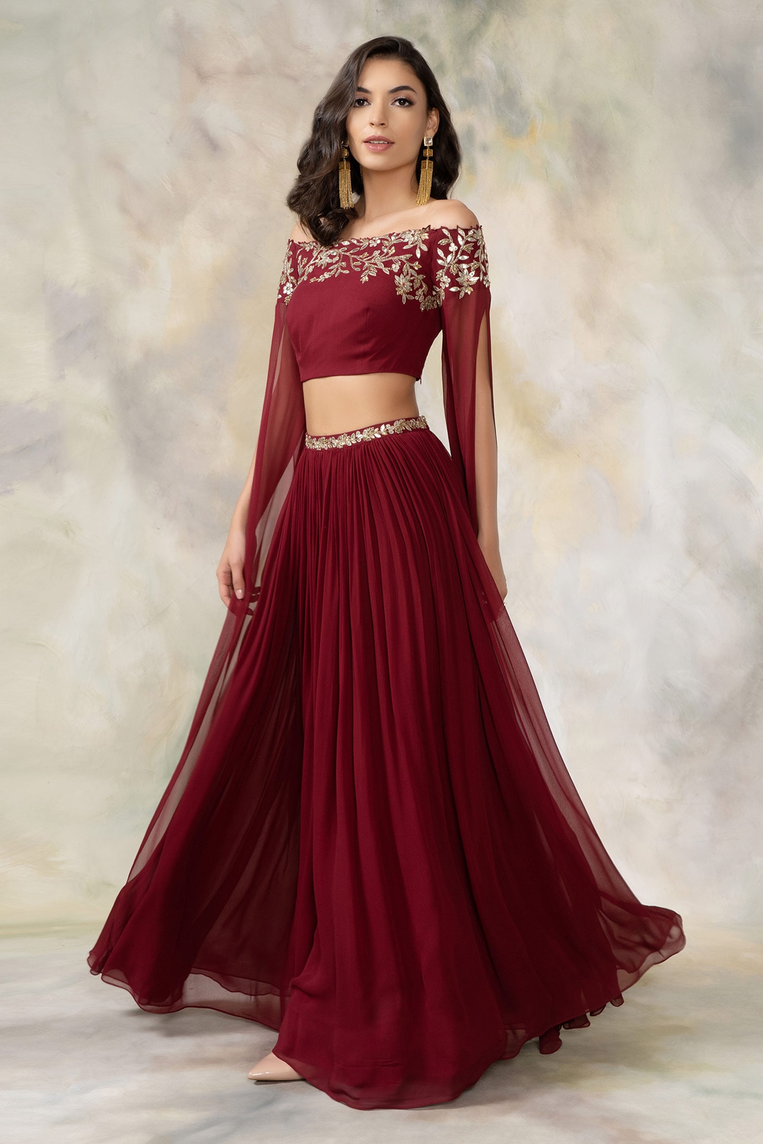 Pooja Peshoria Maroon Georgette Bardot Lehenga With Off Shoulder Crop Top