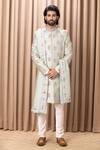 Buy_Ankit V Kapoor_Green Raw Silk Lahore Bouquet Embroidered Sherwani Set_at_Aza_Fashions
