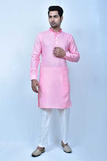 Pink Silk Kurta Set With Mandarin Collar main image 1
