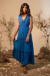 Buy_Label Reyya_Blue Rayon Crepe V Neck Tiered Dress_at_Aza_Fashions