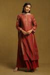 Buy_Ritu Kumar_Orange Cotton  Silk * Cotton Voile Kota Doria Chevron Print Kurta Palazzo Set_at_Aza_Fashions