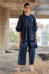 Buy_Pooja-Keyur_Blue Cotton Satin Artistic Abstraction Gathered Kurta And Pant Co-ord Set_at_Aza_Fashions