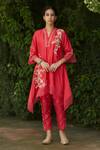 Buy_Vashisht Guru Dutt_Coral Handloom Chanderi Floral Work Asymmetric Hem Kurta And Pant Set_at_Aza_Fashions