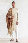 Buy_Qbik_Beige Talq Pashmina Sherwani Set_at_Aza_Fashions