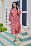 Buy_KARAJ JAIPUR_Red Muslin Floral Pattern Midi Shirt Dress_at_Aza_Fashions