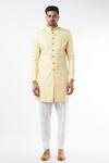 Buy_Spring Break_Yellow Polyester Cotton Mandarin Collar Sherwani Set_at_Aza_Fashions