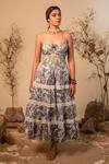 Buy_Label Reyya_Blue Rayon Lurex Floral Print Off-shoulder Dress_at_Aza_Fashions