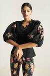Buy_Ranna Gill_Black Viscose Linen Balloon Sleeve Floral Embroidered Top_at_Aza_Fashions