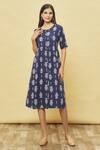 Buy_Samyukta Singhania_Blue Cotton Lotus Print Dress_at_Aza_Fashions