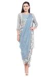 Buy_Soup by Sougat Paul_Blue Malaysian Silk Printed Draped Saree Dress_at_Aza_Fashions