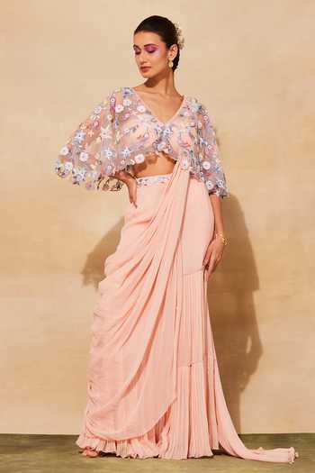 Dusty Mauve Shimmer Draped Saree with Beaded Fringe Embroidered Cape Blouse