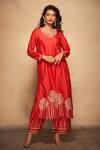 Buy_Gulabo by Abu Sandeep_Red Pure Chanderi Silk Neckline Embellished A-line Kurta_at_Aza_Fashions