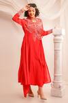 Buy_Jajaabor_Coral Silk Chanderi Athena Embroidered Angrakha And Pant Set_at_Aza_Fashions