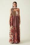 Buy_Payal Pratap_Brown Cupro Muga Silk Liman Printed Patched Maxi Dress_at_Aza_Fashions