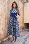 Buy_The Home Affair_Blue Cotton Floral Block Print Dress_at_Aza_Fashions