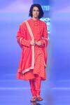 Buy_Punit Balana_Red Linen Bandhani Print Angarkha Kurta Set With Dushala_at_Aza_Fashions
