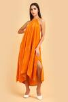 Buy_Label Ivish_Orange Silk Velvet Halter Neck Asymmetric Dress_at_Aza_Fashions