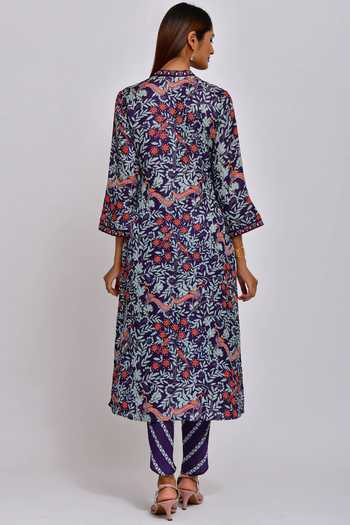 Chakori Linen Satin Steel Blue Printed Kurta Set