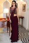 Buy_Gaurav Gupta_Maroon Georgette Pre-draped Embellished Saree_at_Aza_Fashions