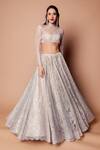 Buy_Shehlaa Khan_Beige Chantilly Lace Sheer Overlay And Lehenga Set_at_Aza_Fashions