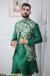 Buy_Eleven Brothers_Green Linen Silk Forest Print Bundi Kurta Set_at_Aza_Fashions