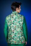 Shop_Eleven Brothers_Green Linen Silk Forest Print Bundi Kurta Set_at_Aza_Fashions