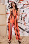Buy_Pooja Bagaria_Orange Glazed Cotton Piano Striped Jumpsuit_at_Aza_Fashions