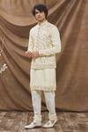 Buy_Kora By Nilesh Mitesh_White Silk Blend Floral Embroidered Bundi Kurta Set_at_Aza_Fashions