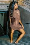 Shop_Kangana Trehan_Brown Brown Metallic Ruched Dress_at_Aza_Fashions