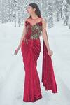 Buy_Sonaakshi Raaj_Red Velvet Floral Embellished Saree Gown_at_Aza_Fashions