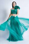 Shop_Sonaakshi Raaj_Blue Swiss Net Skirt With Embroidered Blouse_at_Aza_Fashions