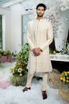 Buy_Varun Chakkilam_White Twill Silk Embroidered Sherwani Set With Stole_at_Aza_Fashions