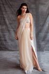 Buy_Shehlaa Khan_Beige Tulle Pre-draped Saree With Embellished Blouse_at_Aza_Fashions