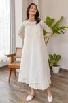 Shop_Khamaj India_White Chanderi Smocked Dress_at_Aza_Fashions