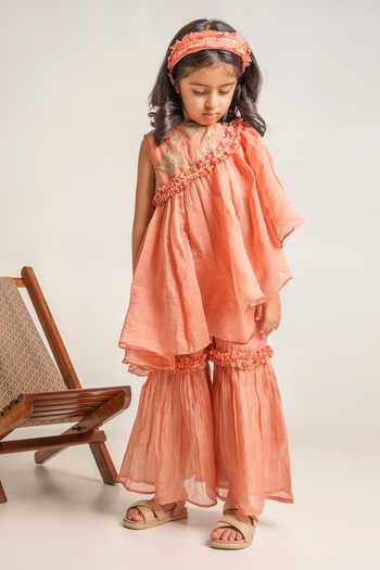 Peach Embroidered Kurta & Gharara Set for Girls – Festive Ethnic Wear