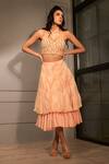 Buy_Babita Malkani_Peach Pleated Fabric Embellished Crop Top And Layered Skirt Set_at_Aza_Fashions