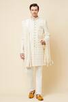 Buy_Spring Break_White Polyester Cotton Lucknowi Embroidered Sherwani Set_at_Aza_Fashions