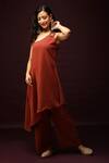 Shop_Ranng Label_Red Jet Spun One Shoulder Kurta And Pant Set_at_Aza_Fashions