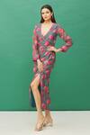 Buy_Samyukta Singhania_Blue Chanderi Floral Print Wrap Dress_at_Aza_Fashions