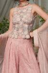 Shop_Kisneel by Pam_Pink Organza Embroidered Cape Pant Set_at_Aza_Fashions