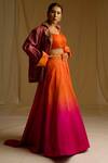 Shop_Megha Bansal_Orange Raw Silk Kaashi Jacket Ombre Lehenga Set_at_Aza_Fashions