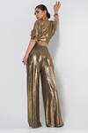 Shop_Cham Cham_Gold Stretch Knit Foil Metallic Bell Sleeve Top And Pant Set_at_Aza_Fashions