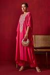 Shop_Ajiesh Oberoi_Pink Cotton Silk Ambar Embroidered Kaftan And Palazzo Set_at_Aza_Fashions